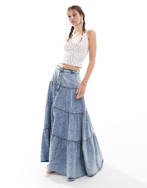 DTT ruffle denim maxi skirt in blue acid wash