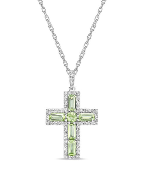 Sterling Silver Halo Birthstone Style Genuine Peridot and White Topaz Fancy Cut Cross Pendant Necklace