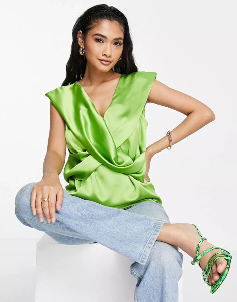 ASOS DESIGN satin v neck twist blouse with cupped sleeve in bright green