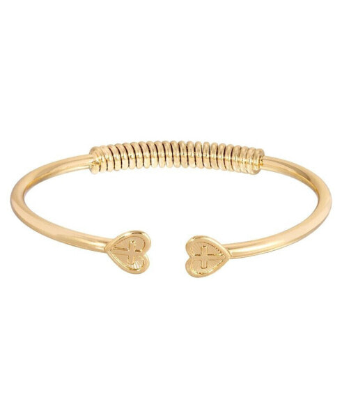 14K Gold-tone Heart Cross Coil Spring C-Cuff Bracelet