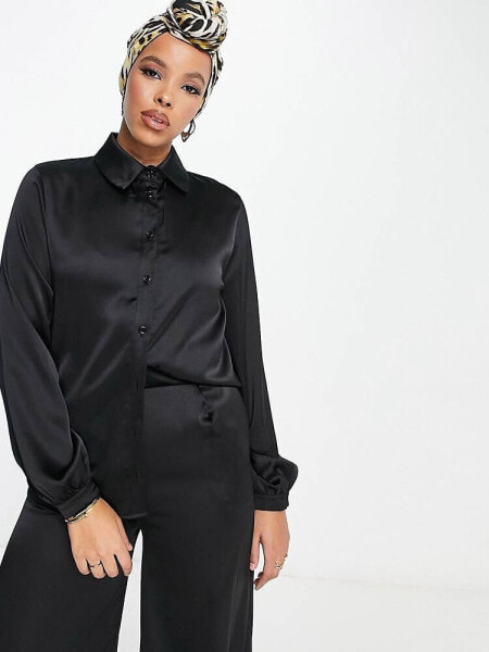 Flounce London satin button up shirt co-ord in black 