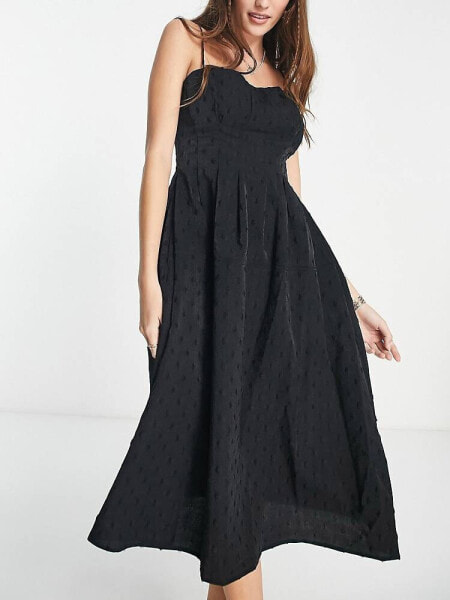 Urban Revivo dobby spot fit and flare midi dress in black