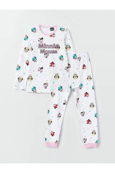 Bisiklet Yaka Minnie Mouse Baskılı Uzun Kollu Kız Çocuk Pijama Takımı
