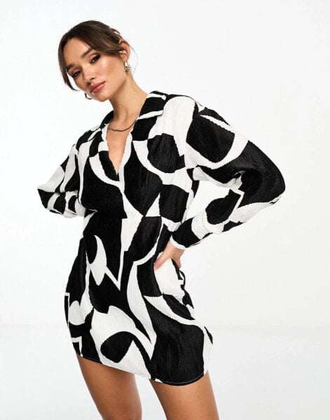 NA-KD plisse mini dress in swirl mono print