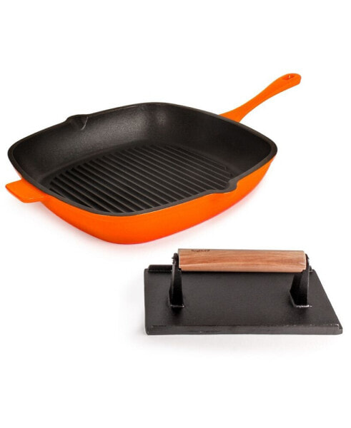 Neo Enameled Cast Iron 2 Piece Grill Pan and Steak Press Set