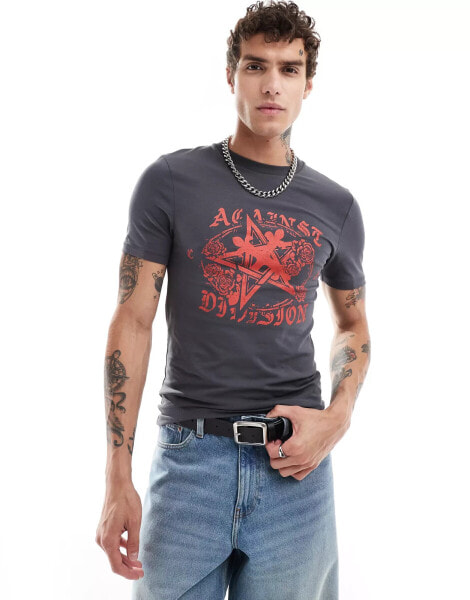 ASOS DESIGN muscle fit t-shirt with grunge front print in charcoal