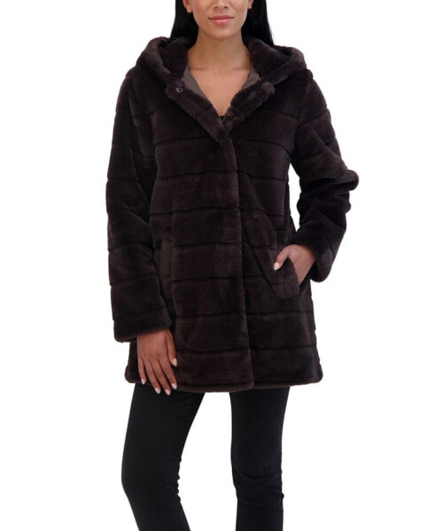 Women's Hooded Grooved Faux Fur Coat