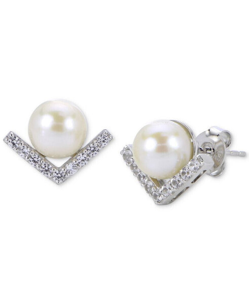 Cultured Freshwater Pearl (7mm) & Lab-Created White Sapphire (1/3 ct. t.w.) Chevron Stud Earrings in Sterling Silver