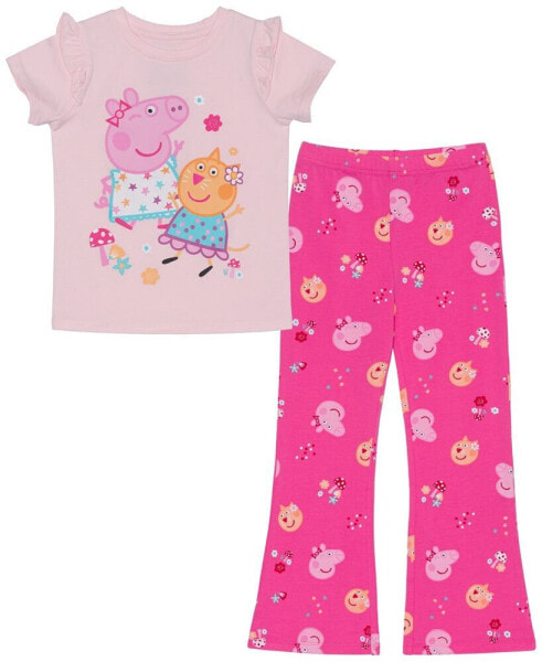 Toddler & Little Girls Short Sleeve Ruffle Top & Flared Legging, 2pc Set