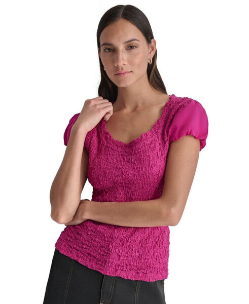 Women's Textured Scoop-Neck Puff-Sleeve Top