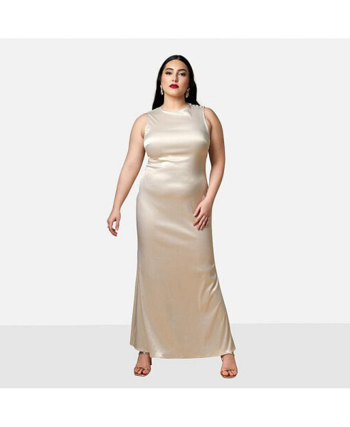 Plus Size Tulip Satin Button Shoulder Maxi Slip Dress