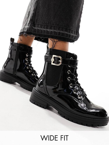 River Island wide fit lace up boot with gold buckle in black