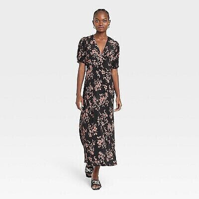 Women's Crepe Puff Short Sleeve Midi Dress - A New Day Black/Brown Floral XS