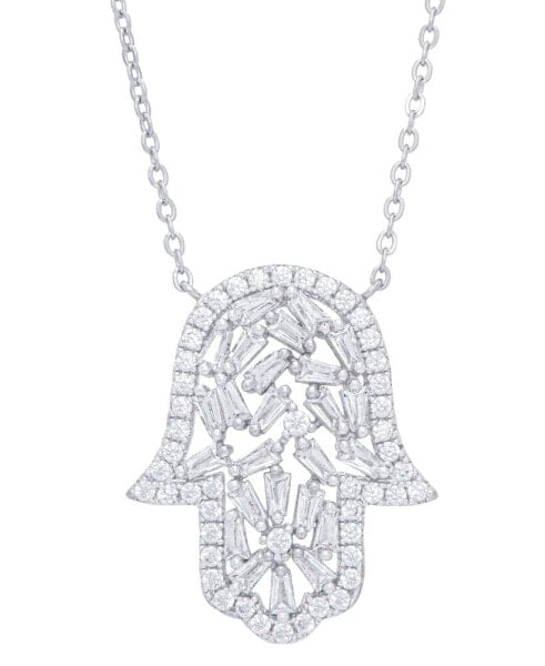 Cubic Zirconia Hamsa Hand Necklace in Fine Silver Plate