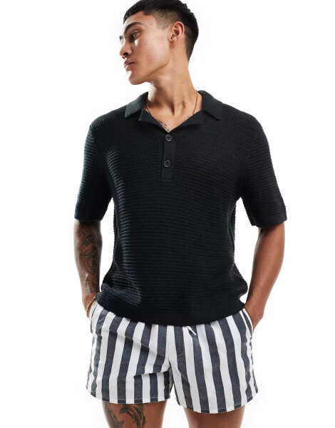 Abercrombie & Fitch 2 button revere collar resort knit polo in black