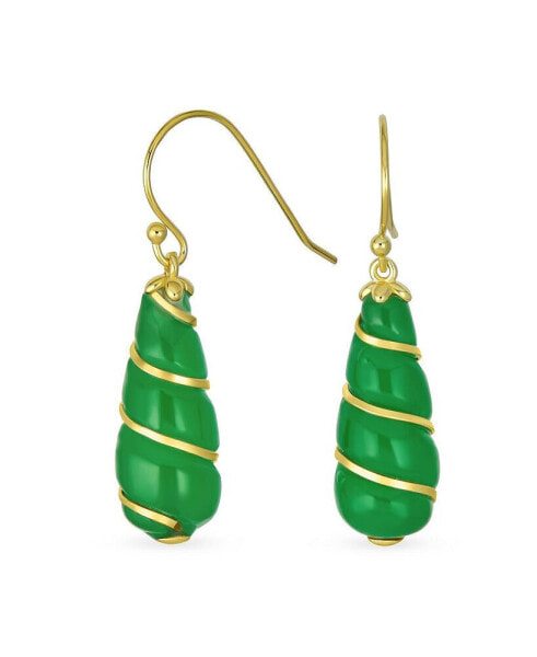 Classic Elegant Long Chandelier Natural Dark Green Jade Teardrop Dangle Earrings For Women 14K Yellow Gold Overlay Twisting Swirl Accent .925 Sterling Silver Wire Hook