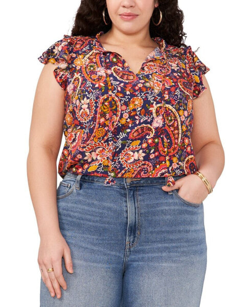 Plus Size Flutter-Sleeve Tie-Neck Top