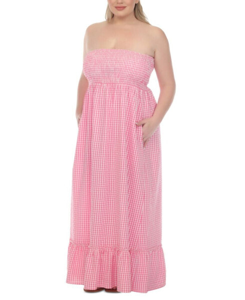 Plus Size Strapless Gingham Cotton Cover Up Maxi Dress