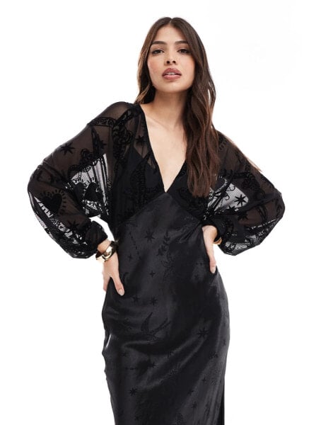 Never Fully Dressed sheer sleeve contrast satin maxi dress in black