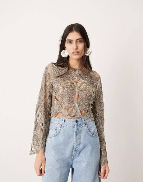 ASOS EDITION cut work nouveau floral embellished long sleeve top