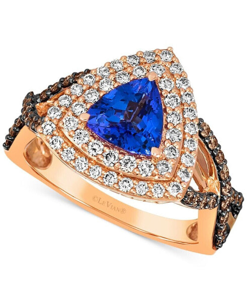 Blueberry Tanzanite (1 ct. t.w.) & Diamond (3/4 ct. t.w.) Trillion Double Halo Ring in 14k Rose Gold