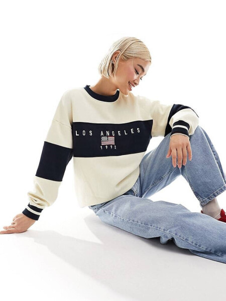 Daisy Street panelled stripe LA sweatshirt in stone and navy