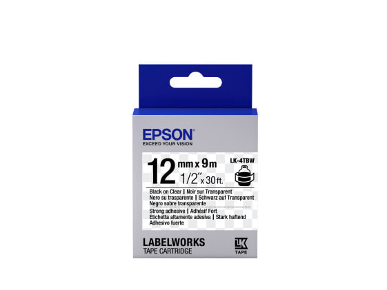 Epson Label Cartridge Strong Adhesive LK-4TBW Black/Transparent 12mm (9m) - Black on transparent - Japan - LabelWorks LW-1000P LabelWorks LW-300 LabelWorks LW-400 LabelWorks LW-400VP LabelWorks LW-600P... - 1.2 cm - 9 m - 1 pc(s)
