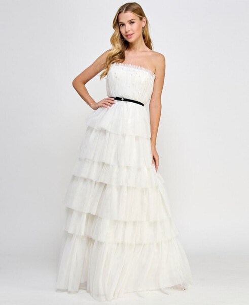 Juniors' Tulle & Faux Pearl Tiered Ball Gown, Created for Macy's