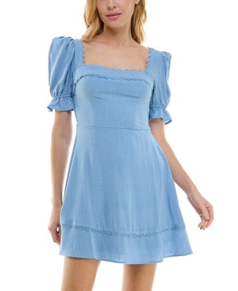 Juniors' Puff-Sleeve Lace-Trim Mini Dress