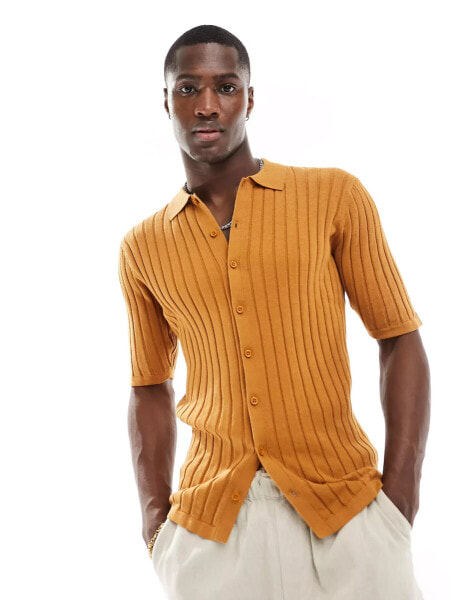 ASOS DESIGN lightweight knitted rib button through polo in burnt orange