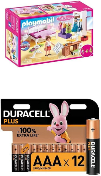 Playmobil Dollhouse 70208 Bedroom and Sewing Studio with Light Effects from 4 Years + Duracell Plus AAA Alkaline Batteries Pack of 12