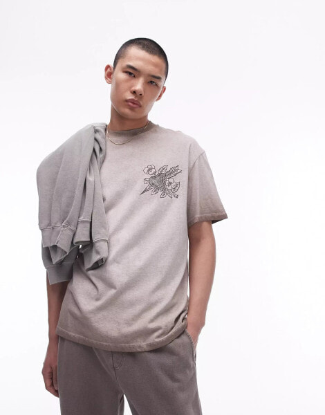 Topman oversized fit t-shirt with embroidery in washed brown