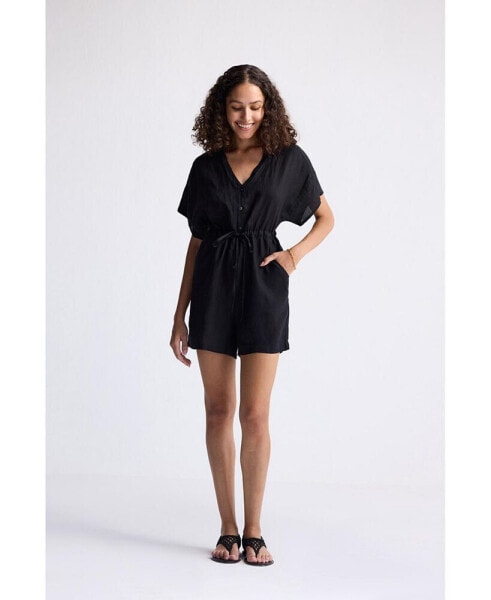 Women's V neck Drawstring Romper