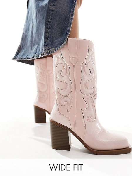 Public Desire Wide Fit Texas western mid ankle boot with snake print in pink