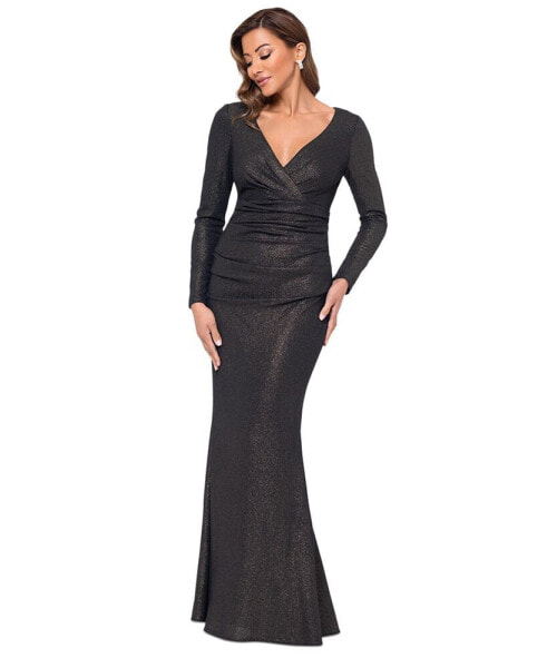 Women's Ruched Foil-Knit Long-Sleeve Gown