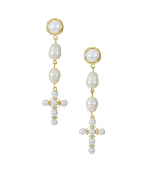 Freshwater Pearl Cross 18K Gold Plated Drop Earrings