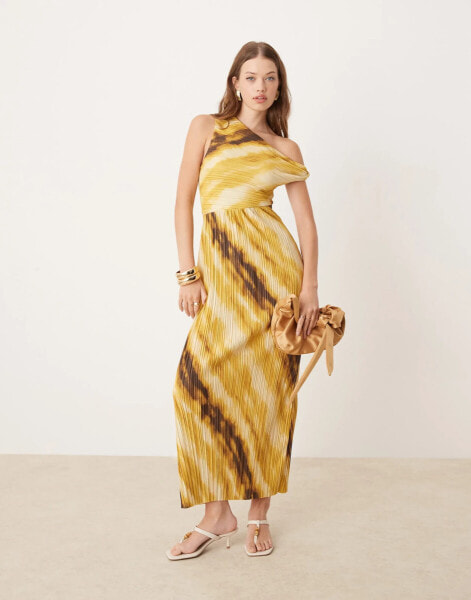 ASOS DESIGN plisse twist shoulder midaxi dress in yellow marble print