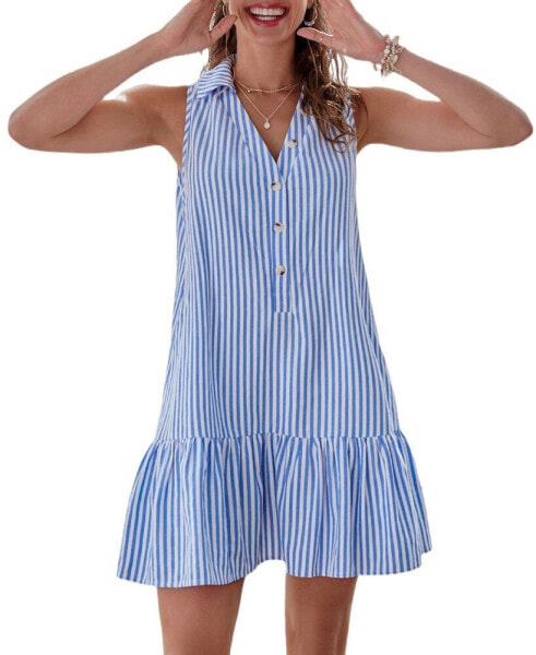 Women's Striped Collared Ruffled Mini Beach Dress