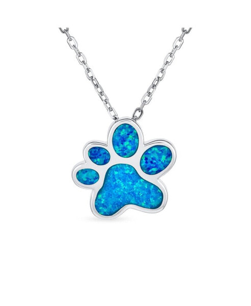 BFF Best Friend Animal Pet Lover BFF Synthetic Blue Opal Inlay Cat Dog Puppy Paw Print Necklace Pendant For Women Sterling Silver