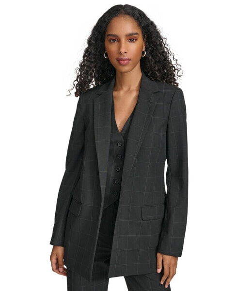 Women's Windowpane-Print Open-Front Blazer