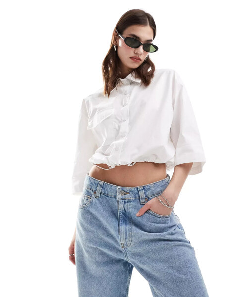 Mango cropped drawstring short sleeve shirt in white