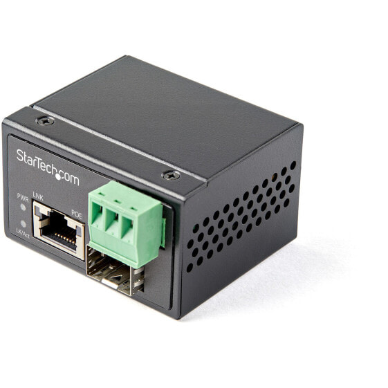 StarTech.com PoE+ Industrial Fiber to Ethernet Media Converter 30W - SFP to RJ45 - Singlemode/Multimode Fiber to Copper Gigabit Ethernet - Mini/Compact Size - IP-30/ -40 to +75C - 1000 Mbit/s - IEEE 802.3 - IEEE 802.3u - IEEE 802.3z - Full - SFP - Wired - 100 m