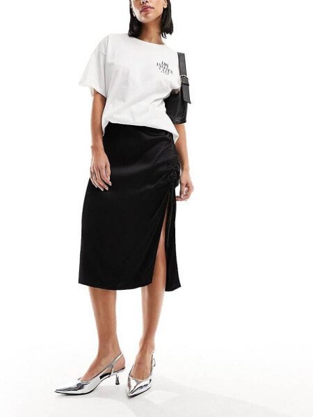 Hollister satin midi skirt with side cinch in black