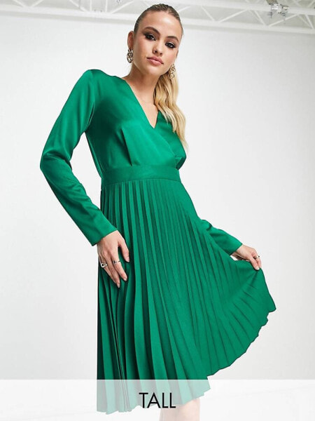 Closet London Tall wrap front pleated midi skater dress in emerald 