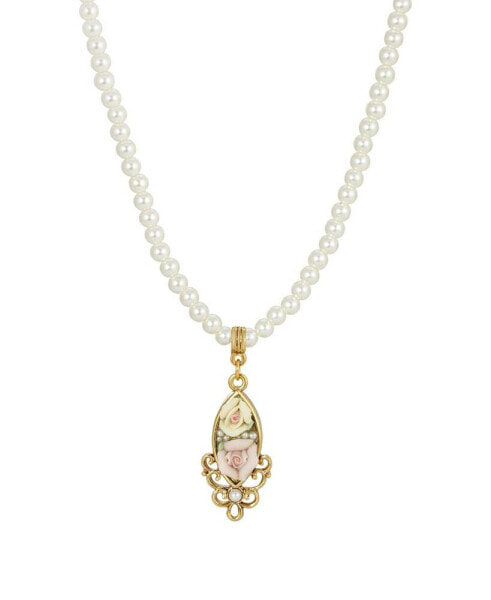 Women's Gold Tone Pink and Yellow Porcelain Rose Imitation Pearl Drop Necklace