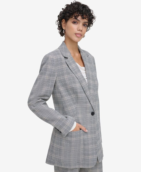 Petite Plaid Patch Pocket One-Button Blazer