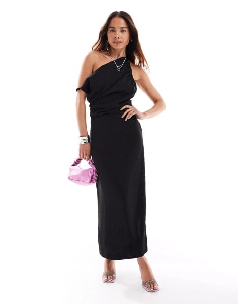 Mango one shoulder midi dress in black