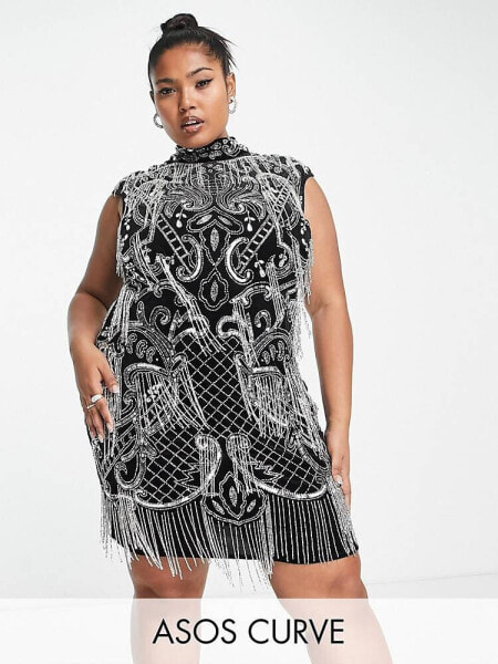 ASOS DESIGN Curve velvet high neck all over embellished mini dress in black with silver sequin