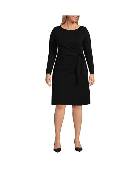 Plus Size Boatneck Long Sleeve Tie Waist Dress