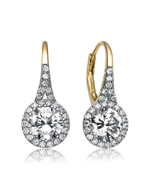 Sterling Silver Clear Round Cubic Zirconia Partially Paved and Haloed Solitaire Drop Earrings